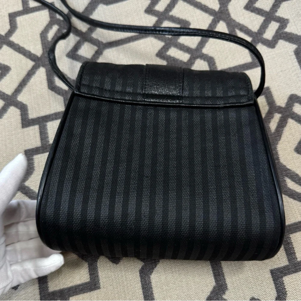 Fendi Vintage Striped Pequin Black Canvas Leather Small Mini Crossbody Bag Purse - Picture 8 of 17